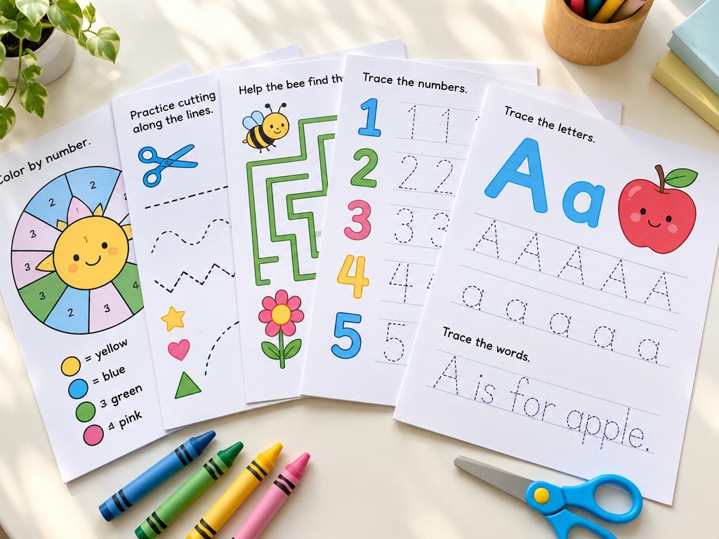 Printable activity sheets: letter tracing, numbers, mazes and cutting practice